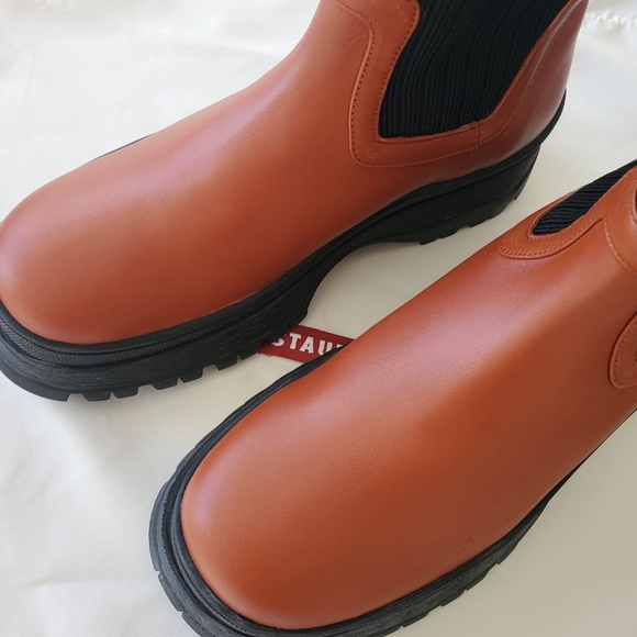 new Staud Bow Lug-Sole Rib-Knit Sock Ankle Leather Boots - Picture 5 of 13